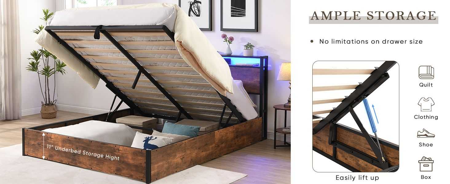 Lift-up Storage Bed Frame, Full Size Bed Frame with Bookcase Headboard & LED Lights, Wooden Platform Bed Frame with Charging Station, No Spring Box Needed, Rustic Brown - luxuryhomedecoridea.com
