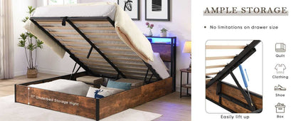 Lift-up Storage Bed Frame, Full Size Bed Frame with Bookcase Headboard & LED Lights, Wooden Platform Bed Frame with Charging Station, No Spring Box Needed, Rustic Brown - luxuryhomedecoridea.com