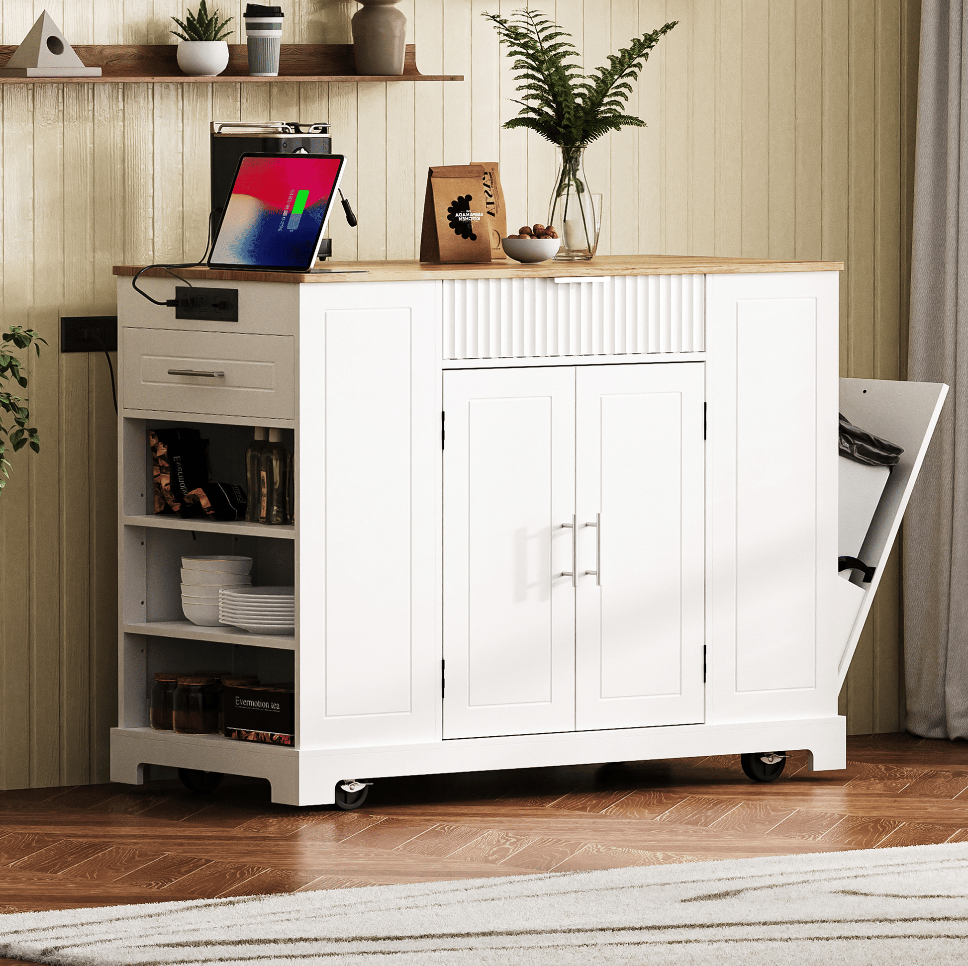 Fluted Kitchen Island with Trash Can Storage Cabinet, Power Outlet, Internal Storage Rack, Rolling Kitchen Islands on 5 Wheels with 3 Drawer, 3 Open Side Racks for 10 Gallon Garbage Bin - luxuryhomedecoridea.com