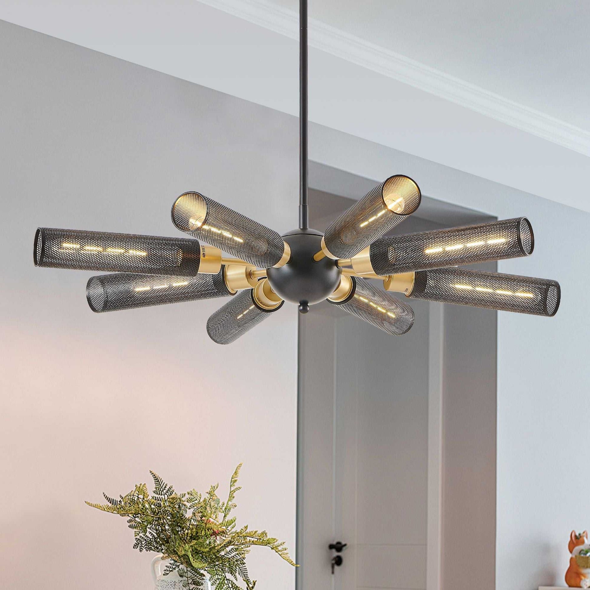 34" Modern Industrial Sputnik Chandelier, 8-Light Black and Gold Metal Pendant Light with Mesh Shades, E26 Base, Adjustable Height for Dining Room, Living Room, or Kitchen Island (Bulb Not Included) - luxuryhomedecoridea.com