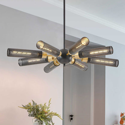 34" Modern Industrial Sputnik Chandelier, 8-Light Black and Gold Metal Pendant Light with Mesh Shades, E26 Base, Adjustable Height for Dining Room, Living Room, or Kitchen Island (Bulb Not Included) - luxuryhomedecoridea.com
