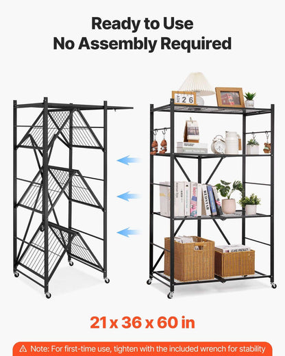 VEVOR 4-Tier Foldable Storage Shelf, 36W x 21D x 60H Inch Folding Metal Rack Shelving Unit, No Assembly Organizer Shelf with 5 Wheels & 4 Hooks for Pantry, Kitchen, Garage, Basement, Black - luxuryhomedecoridea.com