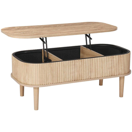 39.4 in Lift Top Coffee Table, Fluted Oval Coffee Table with 3 Hidden Compartment, Mid Century Wooden Oval Center Desk with Storage, Lift Up Tabletop for Home & Office, Easy Assembly, Burlywood - luxuryhomedecoridea.com