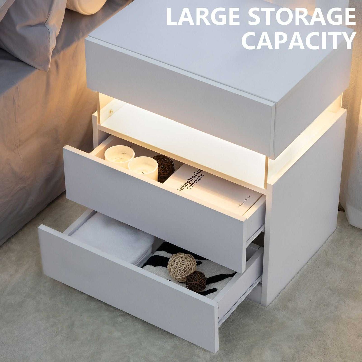 LED Nightstands 3 Drawer Dresser for Bedroom End Table with Acrylic Board LED Bedside Tables for Bedroom Living Room Bedside Furniture (White) - luxuryhomedecoridea.com