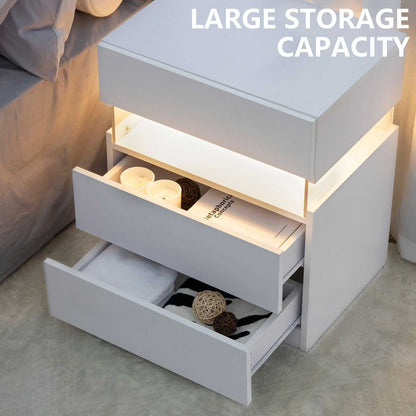 LED Nightstands 3 Drawer Dresser for Bedroom End Table with Acrylic Board LED Bedside Tables for Bedroom Living Room Bedside Furniture (White) - luxuryhomedecoridea.com