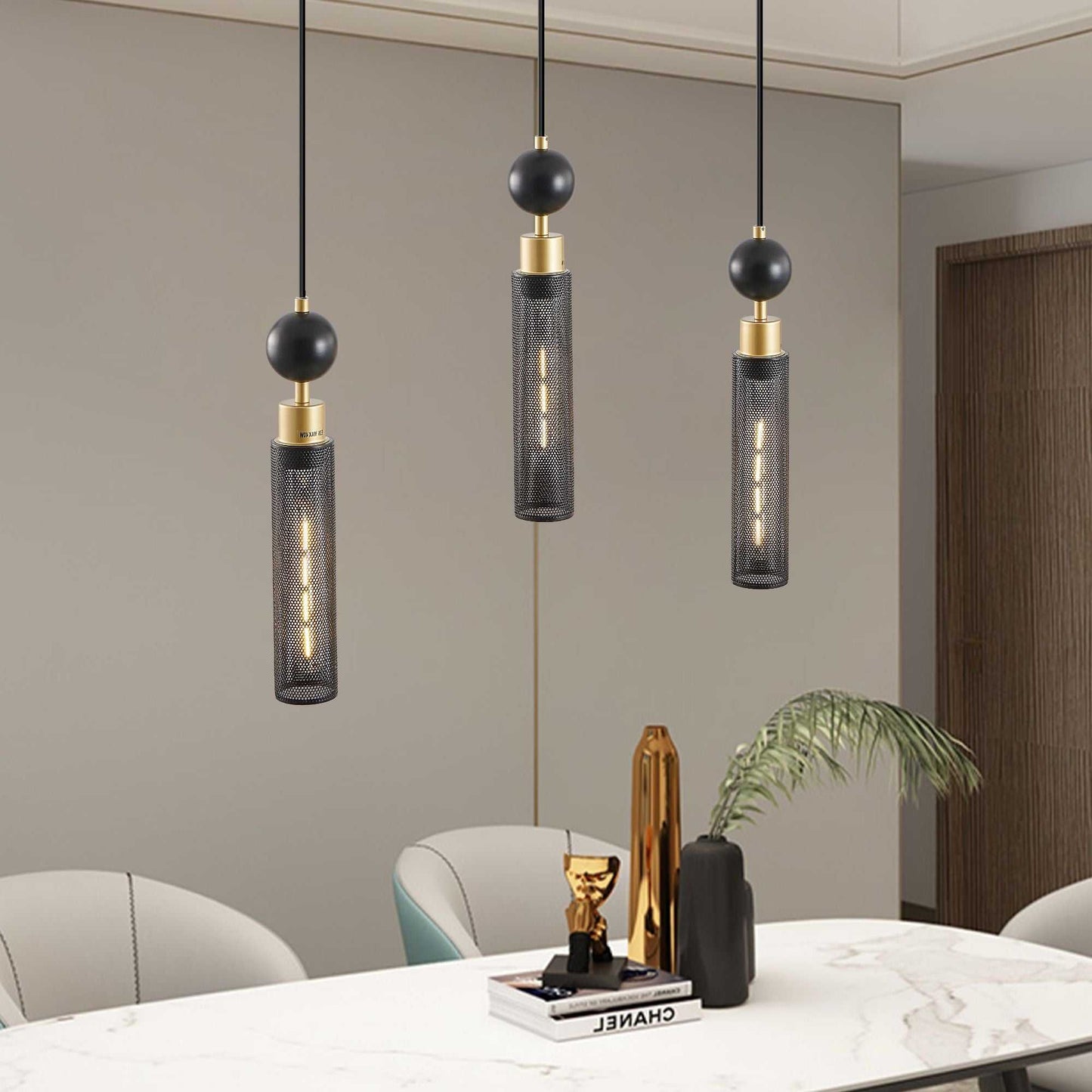 25" Modern Black and Gold 3-Light Pendant Chandelier, Adjustable Hanging Lights with Cylindrical Mesh Shades, E26 Base, Ideal for Dining Room, Kitchen Island, or Living Room Lighting (No Bulbs) - luxuryhomedecoridea.com