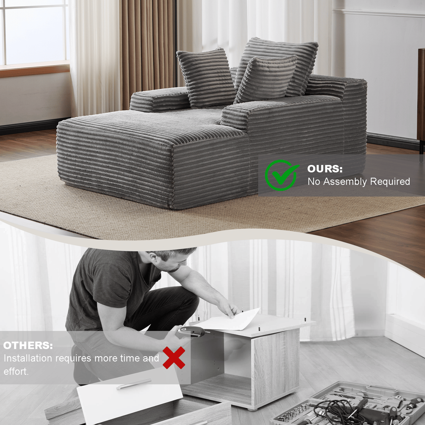 Double Chaise Lounge Chair Indoor,Oversized Upholstered Sleeper Cloud Couch,Deep Seat Luxury Sofa Bed,Sectional Sofa Chaise Love-seat,Corduroy Reading Chair for Living Room,No Assembly Required - luxuryhomedecoridea.com
