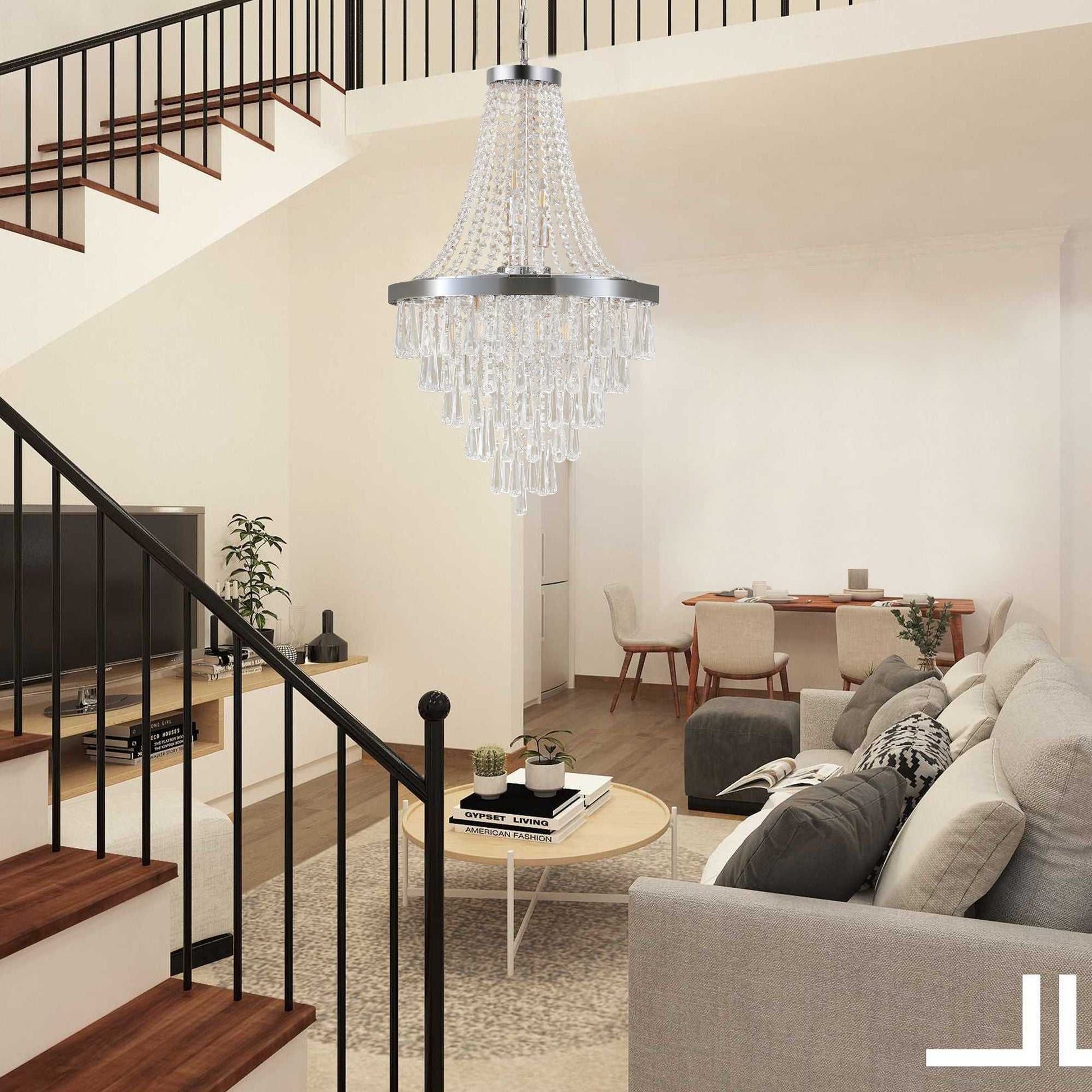 20" Chrome Crystal Chandelier with Adjustable Height, Modern Ceiling Light Fixture for Living Room, Dining Room, Staircase, 11-Light E12 Bulb Base (No Bulbs) - luxuryhomedecoridea.com