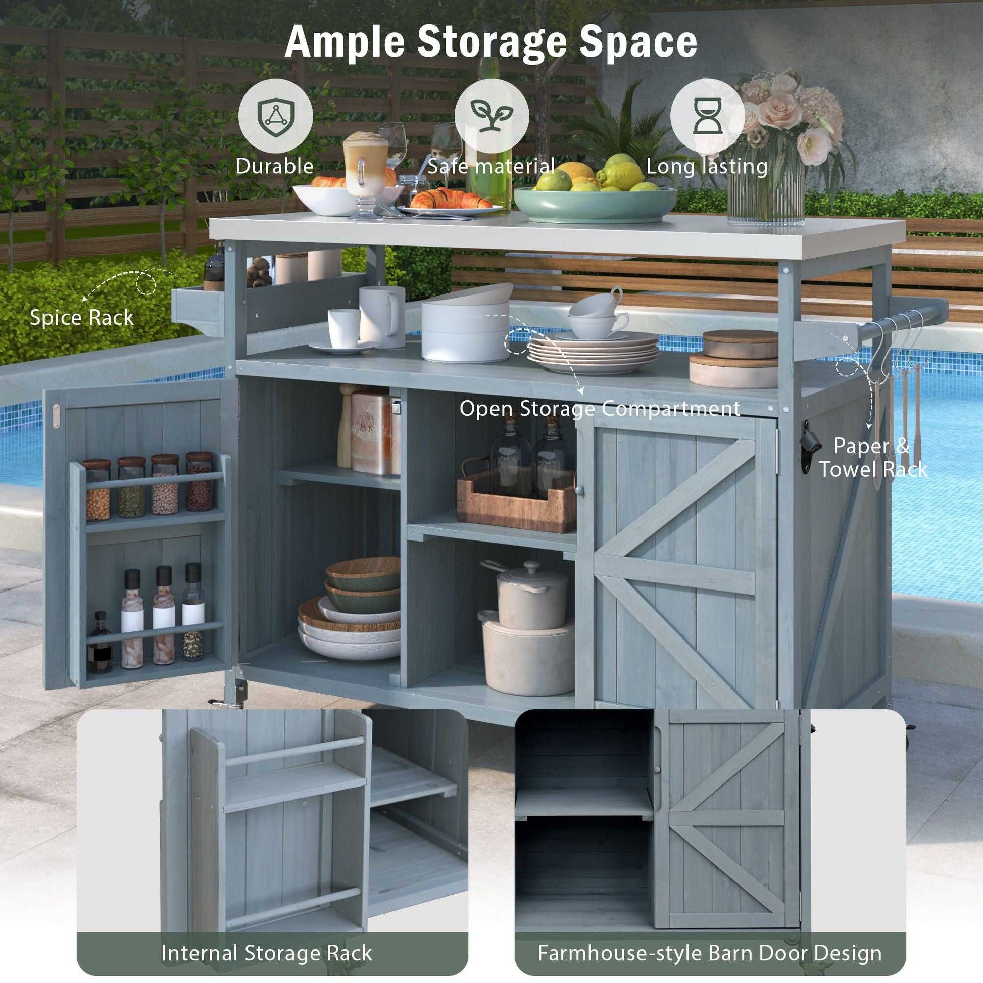K&K Outdoor Kitchen Island, Rolling Bar Cart & Storage Cabinet, Farmhouse Solid Wood Outdoor Grill Table with Stainless Steel Top, Spice Rack , Towel Rack for Kitchen & BBQ , Grey Blue - luxuryhomedecoridea.com
