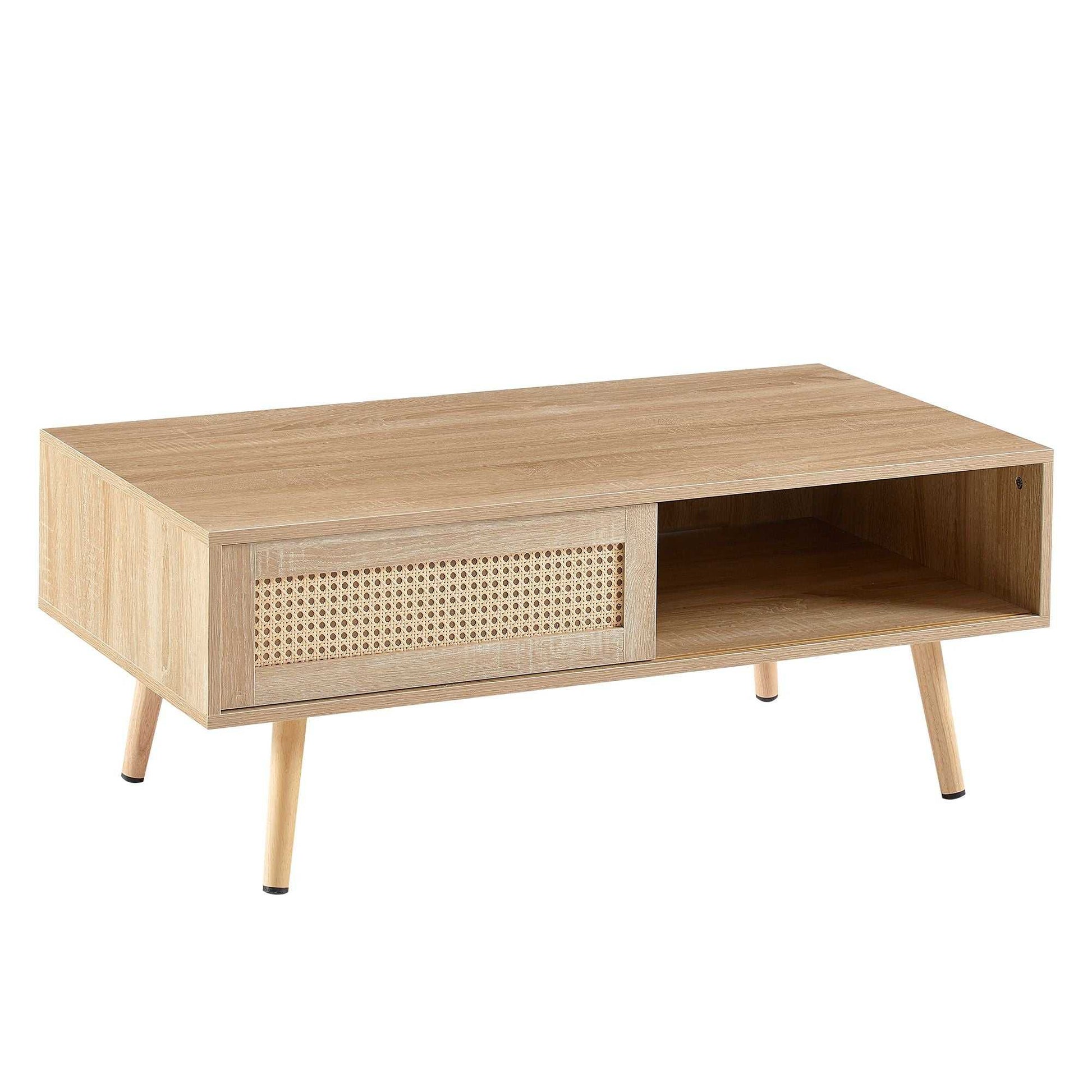 41.34" Rattan Coffee table, sliding door for storage, solid wood legs, Modern table for living room - luxuryhomedecoridea.com