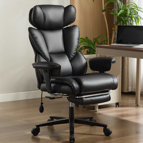 Office Chair with Foot Rest and Waist Lumber Support, Ergonomic Gaming Chair with Adjustable Height Headrest, High-Back Leather Reclining Chair for Home, Black - luxuryhomedecoridea.com