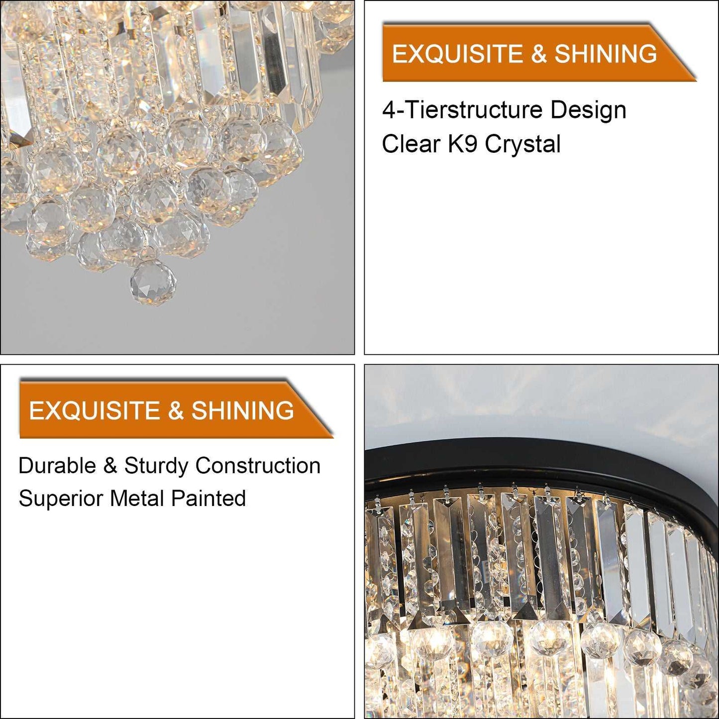 20" Luxury Crystal Flush Mount Ceiling Light with Black Finish – Elegant 6-Light Chandelier for Living Room, Dining Room, or Bedroom (Bulb Not Included) - luxuryhomedecoridea.com