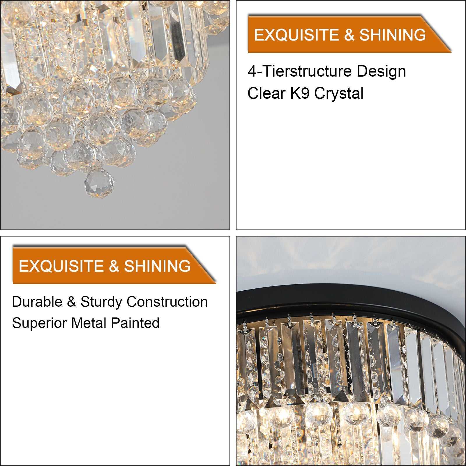 20" Luxury Crystal Flush Mount Ceiling Light with Black Finish – Elegant 6-Light Chandelier for Living Room, Dining Room, or Bedroom (Bulb Not Included) - luxuryhomedecoridea.com