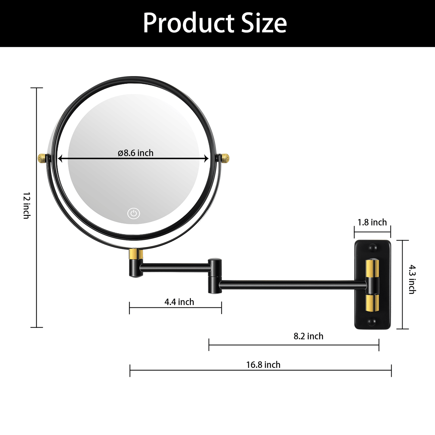 8.6" Wall Mounted Makeup Mirror with LED Lights, Double Sided 1X/10X Magnifying Mirror, 360° Swivel Bathroom Vanity Mirror with Extension Arm, Built-in Battery, Black + Gold - luxuryhomedecoridea.com