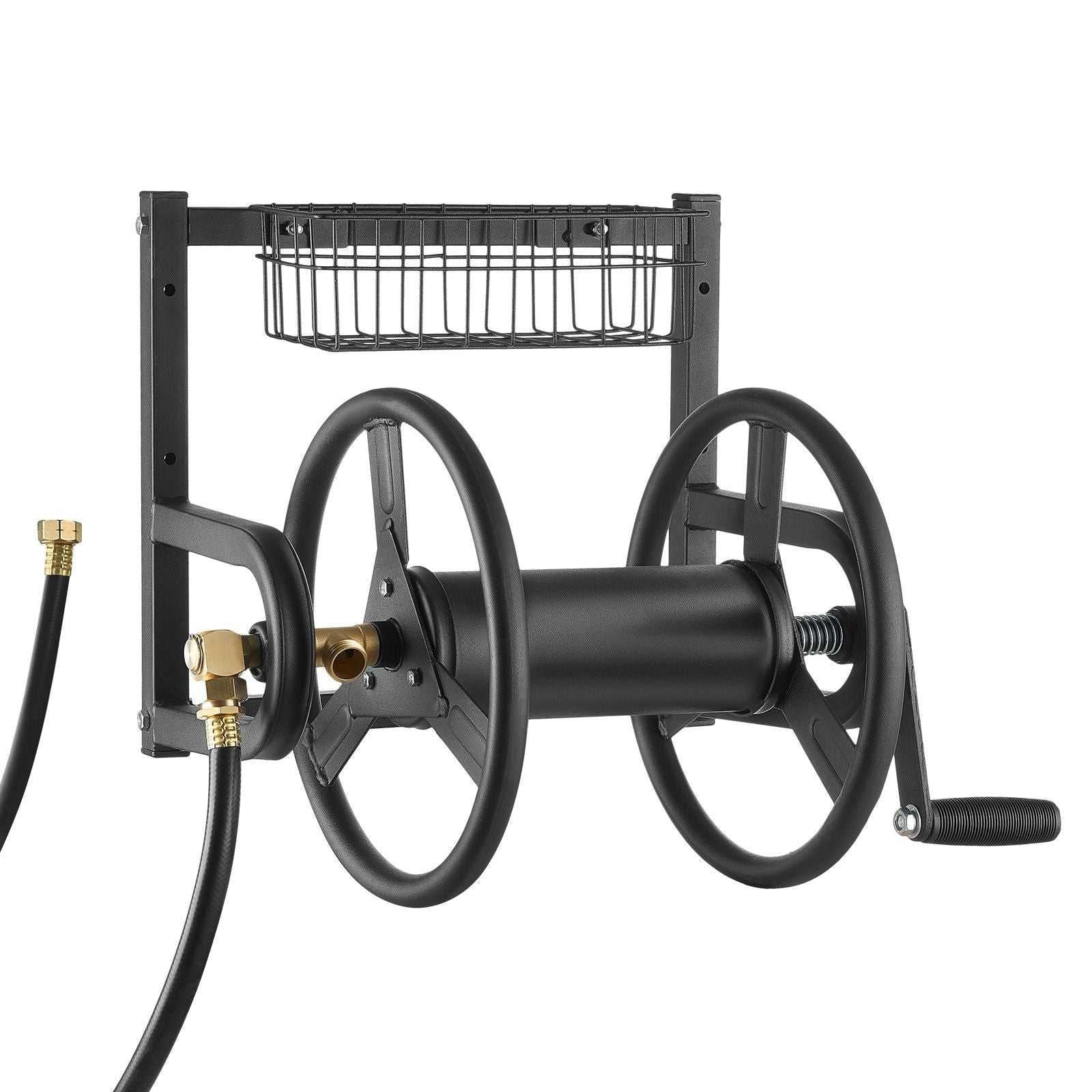 VEVOR Wall Mounted Garden Hose Reel, Holds 125 ft 5/8-inch Hose, Heavy-Duty Water Hose Winder, Space-Saving Design, Outdoor Manual Reel with Brass Fitting and Storage Basket for Yard Lawn - luxuryhomedecoridea.com