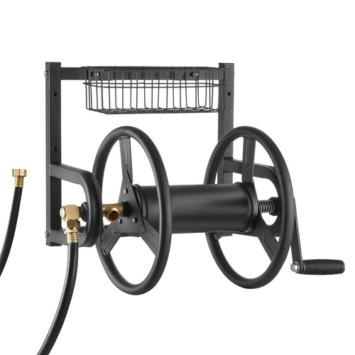 VEVOR Wall Mounted Garden Hose Reel, Holds 125 ft 5/8-inch Hose, Heavy-Duty Water Hose Winder, Space-Saving Design, Outdoor Manual Reel with Brass Fitting and Storage Basket for Yard Lawn - luxuryhomedecoridea.com