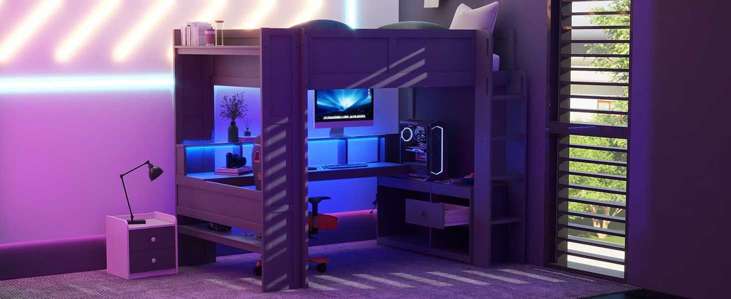 Wood Full Size Gaming Loft Bed with Desk, Multi-storage Shelves, LED and Charging Station, Dark Gray(Old SKU:SM000374AAE) - luxuryhomedecoridea.com