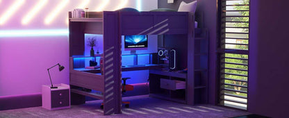 Wood Full Size Gaming Loft Bed with Desk, Multi-storage Shelves, LED and Charging Station, Dark Gray(Old SKU:SM000374AAE) - luxuryhomedecoridea.com