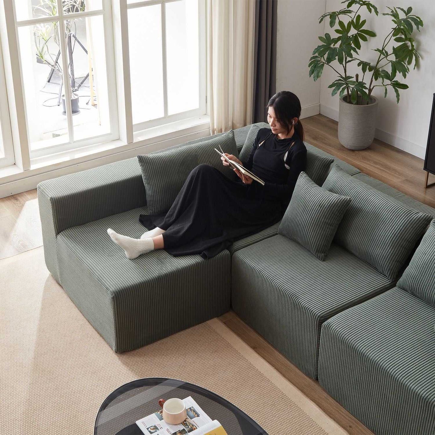 104-Inch Corduroy Modular L Shaped Sectional Sofa,Luxury Floor Couch Set,Upholstered Indoor Furniture,Foam-Filled Compressed Sofa for Living Room,Bedroom,4 PC Free Combination - luxuryhomedecoridea.com