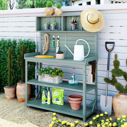 65" Large Wooden Farmhouse Rustic Outdoor Potting Bench Table; Patio Workstation; Garden Potting Bench with 4 Storage Shelves and Side Hook - luxuryhomedecoridea.com