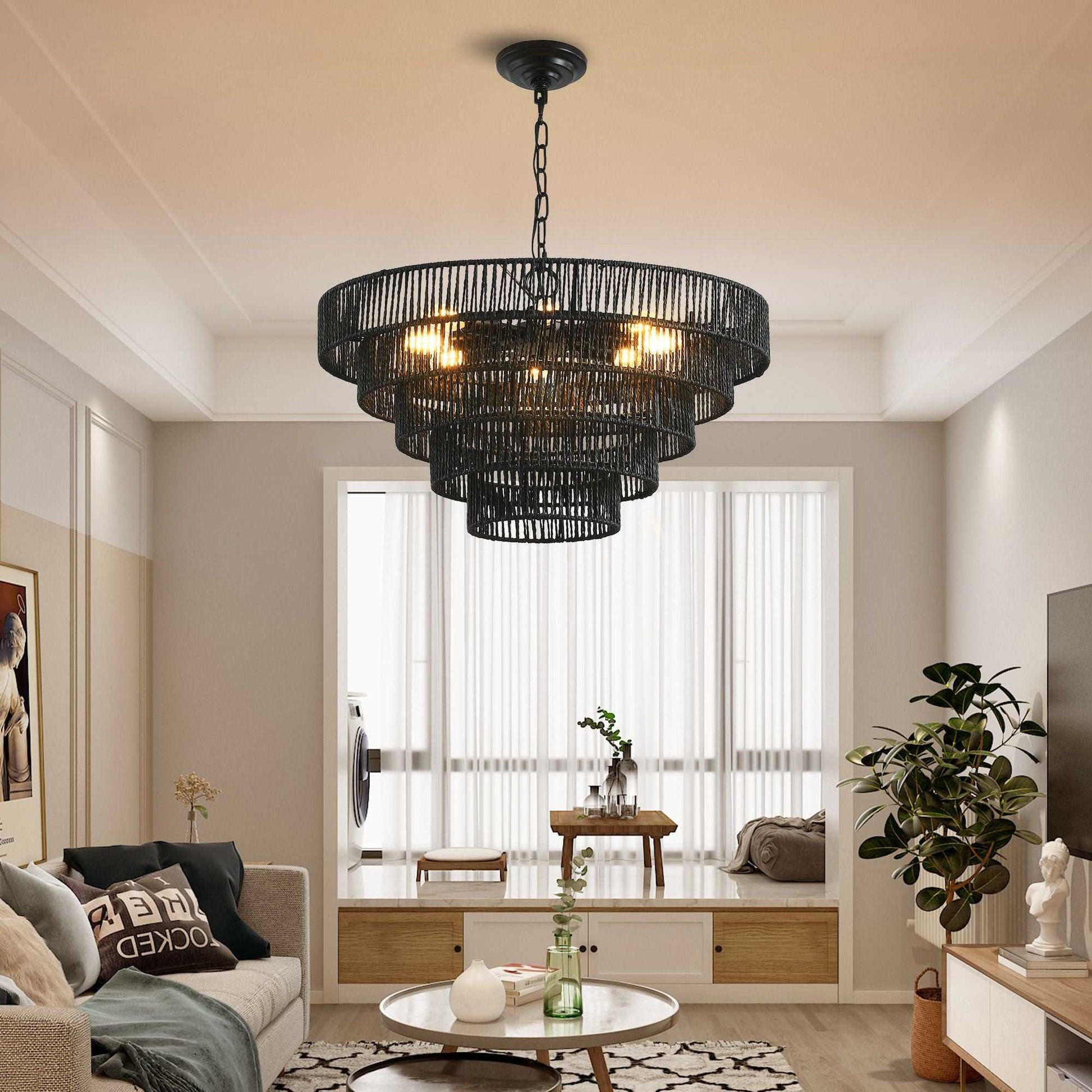 24" Rustic 5-Tier Black Hemp Rope Pendant Light Chandelier with 8 E12 Sockets, Boho Farmhouse Ceiling Fixture for Dining Room, Kitchen, or Entryway (Bulb Not Included) - luxuryhomedecoridea.com
