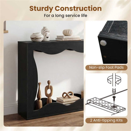 63" Narrow Console Table with Wavy Hollow Design, 2-Tier Extra Long Entryway Table with Storage Shelf - Black - luxuryhomedecoridea.com