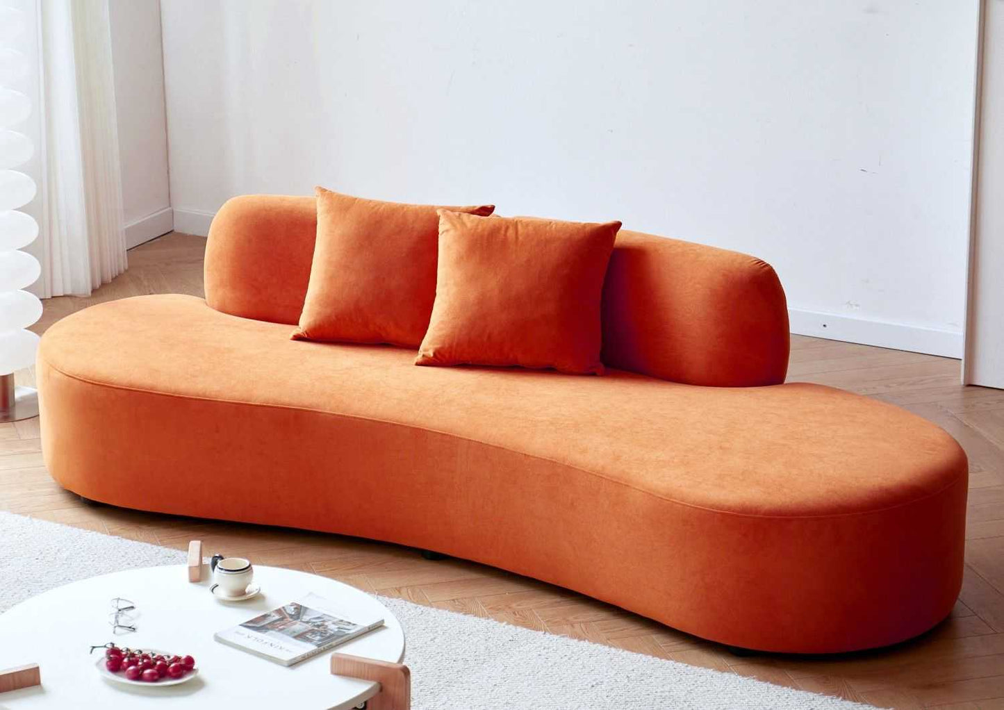 90" Curved Sofa with Throw Pillows, 4 Seater Luxury Velvet Couch with Half Moon Design and High-Density Foam, Ideal for Modern Living Room, Office & Apartment, Red Orange - luxuryhomedecoridea.com