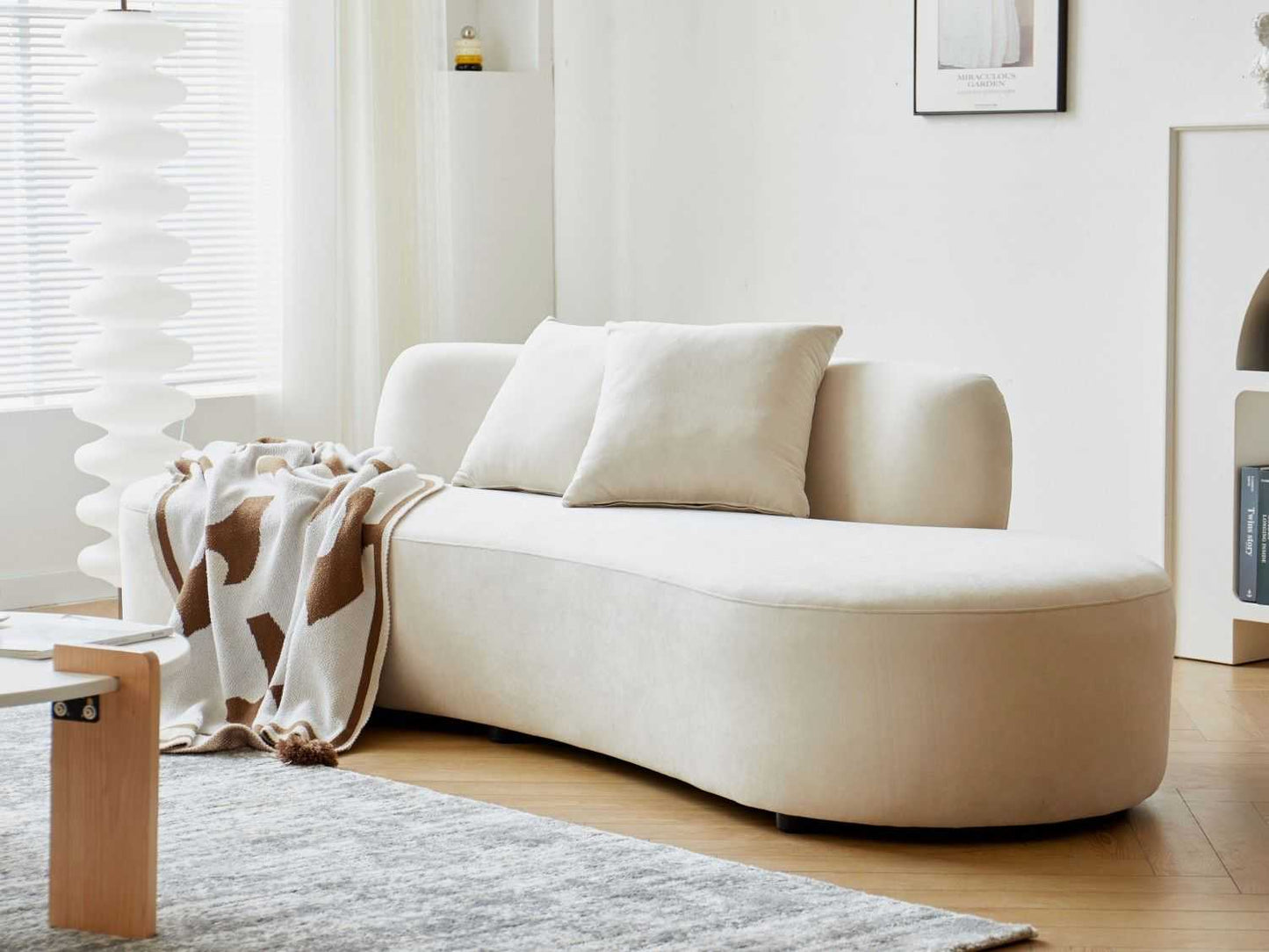 90" Curved Sofa with Throw Pillows, 4 Seater Luxury Velvet Couch with Half Moon Design and High-Density Foam, Ideal for Modern Living Room, Office & Apartment, Ivory - luxuryhomedecoridea.com