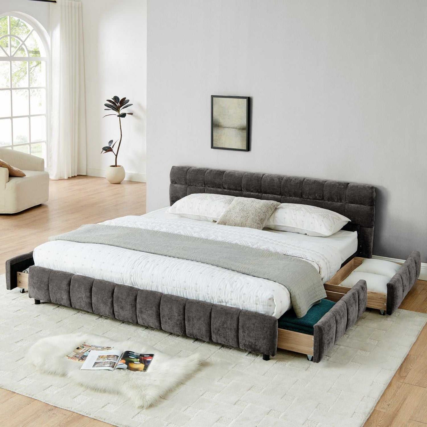 King Size Upholstered Bed ,comfortable upholstered bed frame, Chenille fabric, with headboard and solid bed frame. With drawer for storage.-Dark Gray(88.5''*85.5''*31'') - luxuryhomedecoridea.com