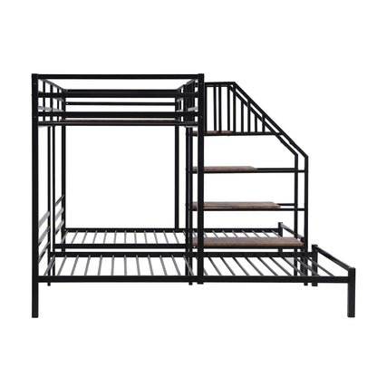 Metal Twin over Twin & Twin Bunk Bed, Triple Bunk Bed with Storage Shelves Staircase, Black - luxuryhomedecoridea.com