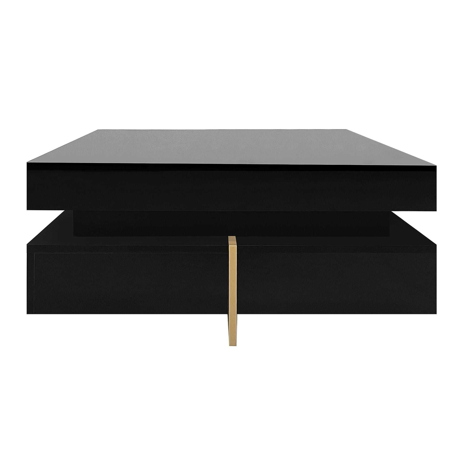 ON-TREND Modern High Gloss Coffee Table with 4 Drawers, Multi-Storage Square Cocktail Tea Table with Wood Grain Legs, Center Table for Living Room, 31.5''x31.5'', Black - luxuryhomedecoridea.com