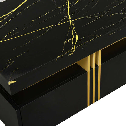 [VIDEO provided] ON-TREND Contemporary Coffee Table with Faux Marble Top, Rectangle Cocktail Table with Caster Wheels, Moderate Luxury Center Table with Gold Metal Bars for Living Room, Black - luxuryhomedecoridea.com