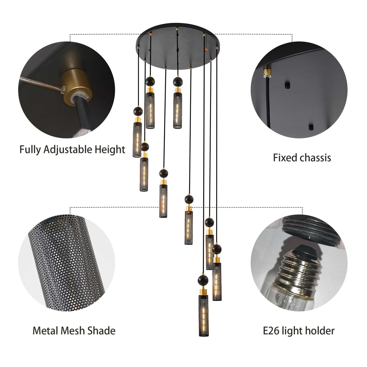 24" Modern Industrial Multi-Light Pendant Chandelier - 9-Light Black and Gold Adjustable Ceiling Light Fixture with Mesh Cylinder Shades for Living Room, Dining Room, or Staircase (Bulb Not Included) - luxuryhomedecoridea.com