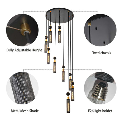 24" Modern Industrial Multi-Light Pendant Chandelier - 9-Light Black and Gold Adjustable Ceiling Light Fixture with Mesh Cylinder Shades for Living Room, Dining Room, or Staircase (Bulb Not Included) - luxuryhomedecoridea.com
