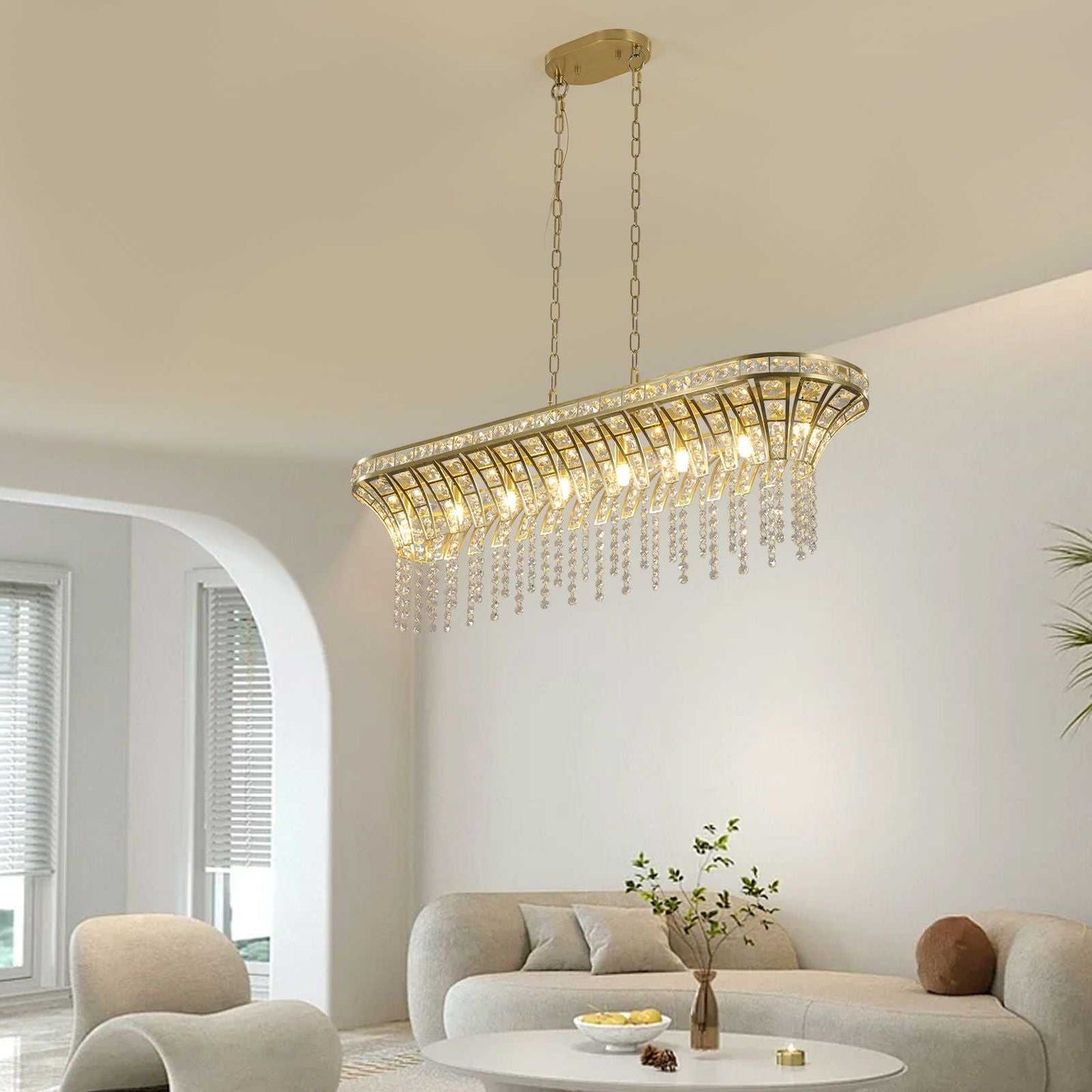39" Modern Crystal Linear Rectangle Chandelier with Gold Finish, Elegant Pendant Light with Cascading Beads, for Dining Room, Living Room, or Foyer (Bulb Not Included) - luxuryhomedecoridea.com