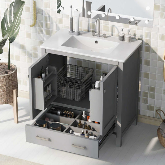 30" Bathroom Vanity with Single Sink, Combo Cabinet Undermount Sink, Bathroom Storage Cabinet with 2 Doors and a Drawer, Soft Closing, Multifunctional Storage, Solid Wood Frame - luxuryhomedecoridea.com