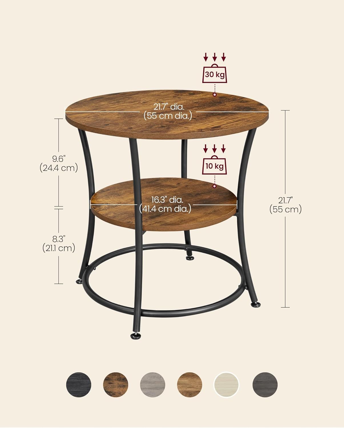 2-Tier End Table, Nightstand with Steel Frame, Spacious Top, for Small Spaces, Living Room, Bedroom, Rustic Brown and Ink Black - luxuryhomedecoridea.com