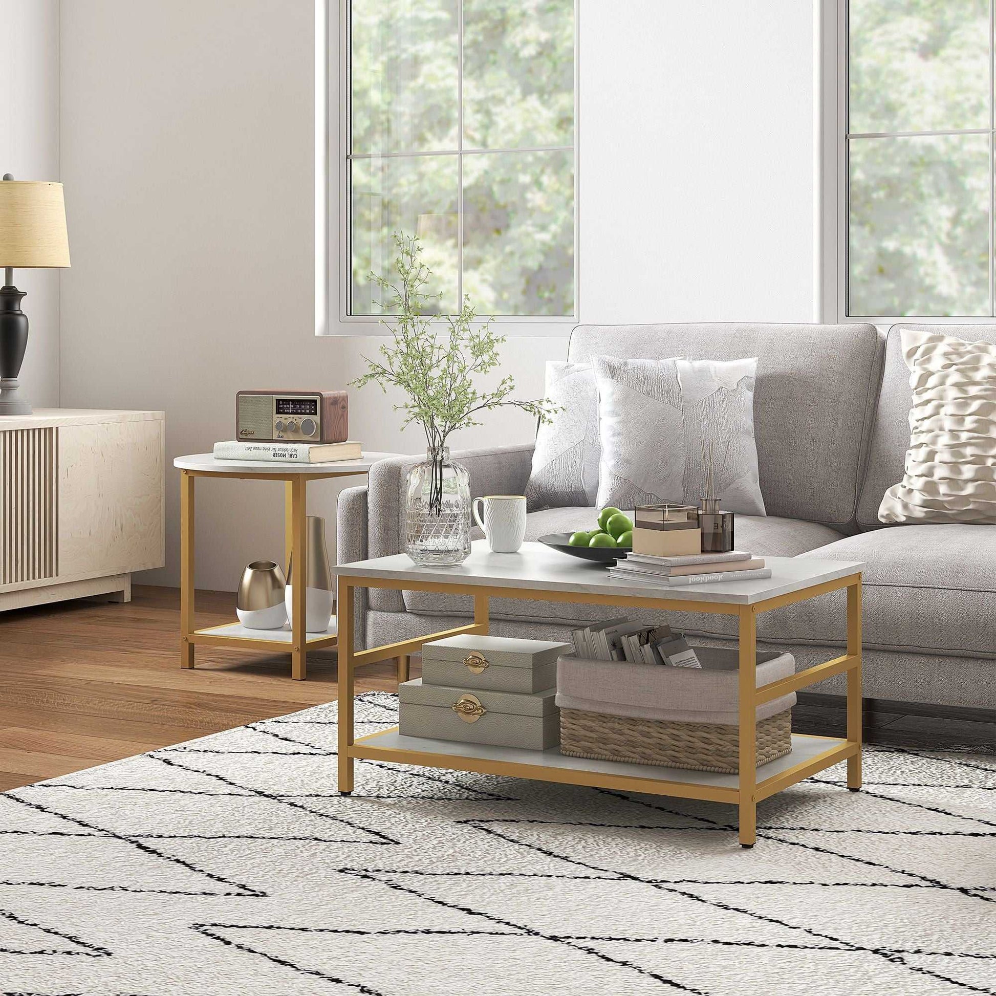 Coffee Tables Sets of 2, Rectangle and Round Coffee Table with Storage Shelves, Faux Marble Top, Living Room Table Set, White - luxuryhomedecoridea.com