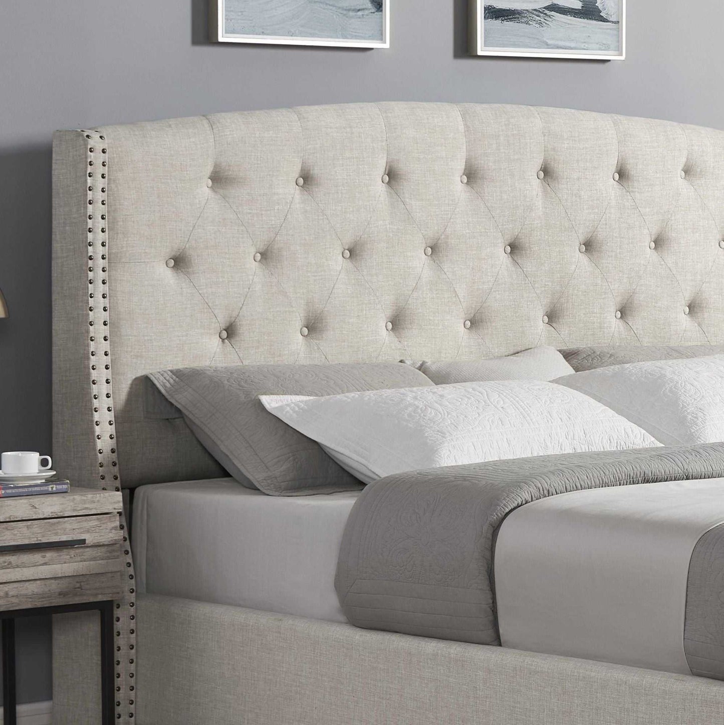 Nantarre Fabric Button Tufted Wingback Upholstered Bed with Nail Head Trim, Beige - luxuryhomedecoridea.com