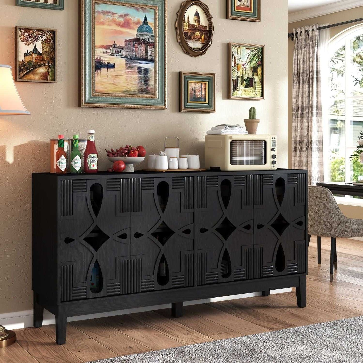 60.5" Mid Century Modern Sideboard Buffet Cabinet with Storage, TV Media Console Table, Storage Cabinet with 4 Doors & Adjustable Shelves for Kitchen Dining Living Room Entryway, Black - luxuryhomedecoridea.com
