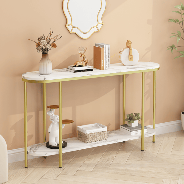 2-Tier Oval Console Table, White Faux Marble Top with Gold Metal Frame, Modern Entryway Table with Open Shelf, 42.1"×11.4"×30.5" Narrow Sofa Table for Hallway, Living Room & Foyer - luxuryhomedecoridea.com
