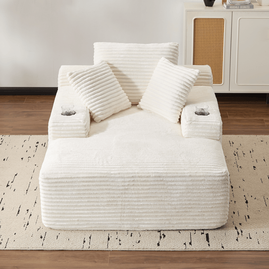 66" Oversized Corduroy Chaise Lounge Chair | Indoor Single Sleeper Sofa Bed with 3 Soft Pillows & Cup Holder - Modern Cloud Couch for Living Room/Office (White) - luxuryhomedecoridea.com