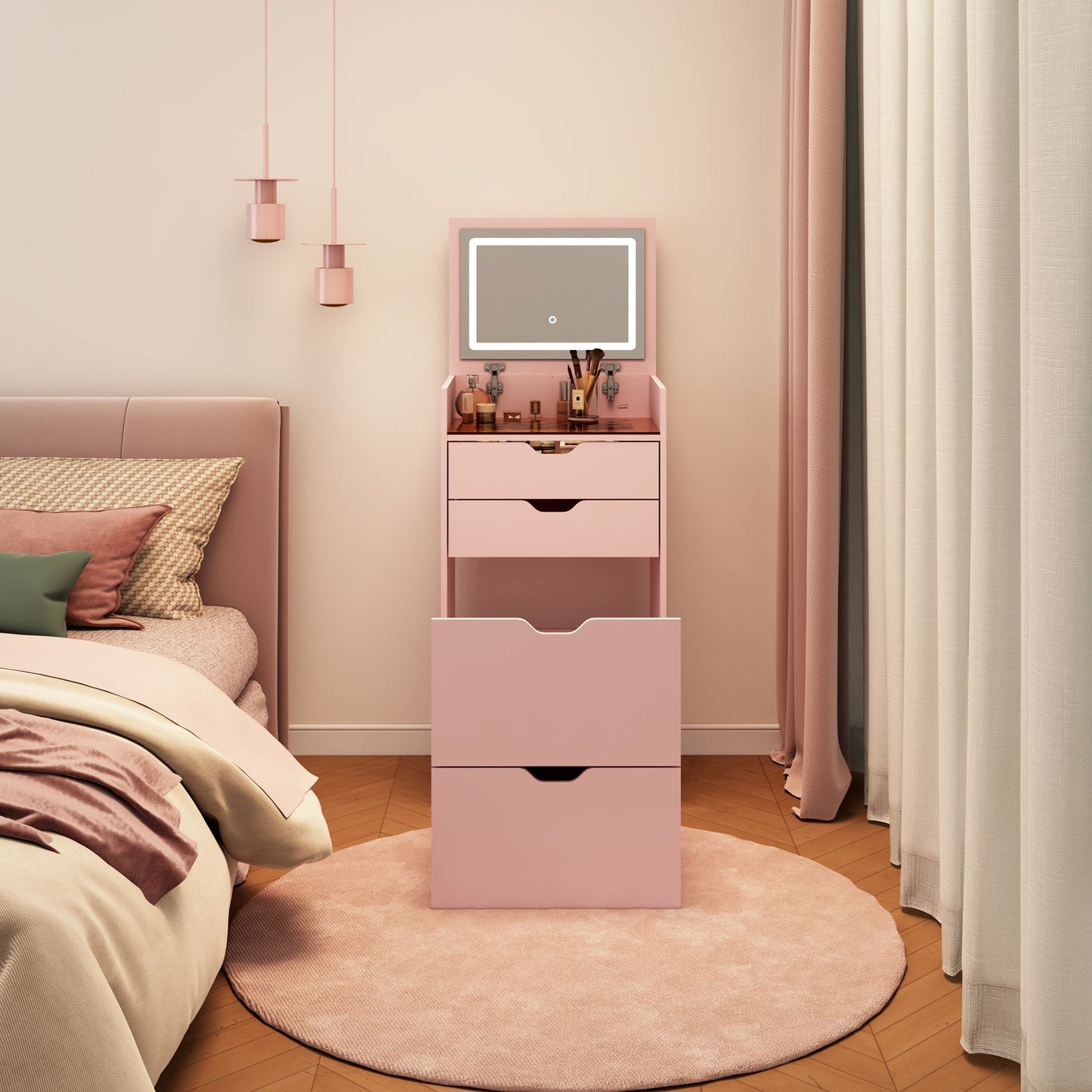 Dressing Table and Stool, 3-in-1 Multifunctional Dressing Table Set, Featuring Three-color Lighting Modes, HD Mirror, Two Sliding Drawers, and a Hidden Storage Stool - luxuryhomedecoridea.com