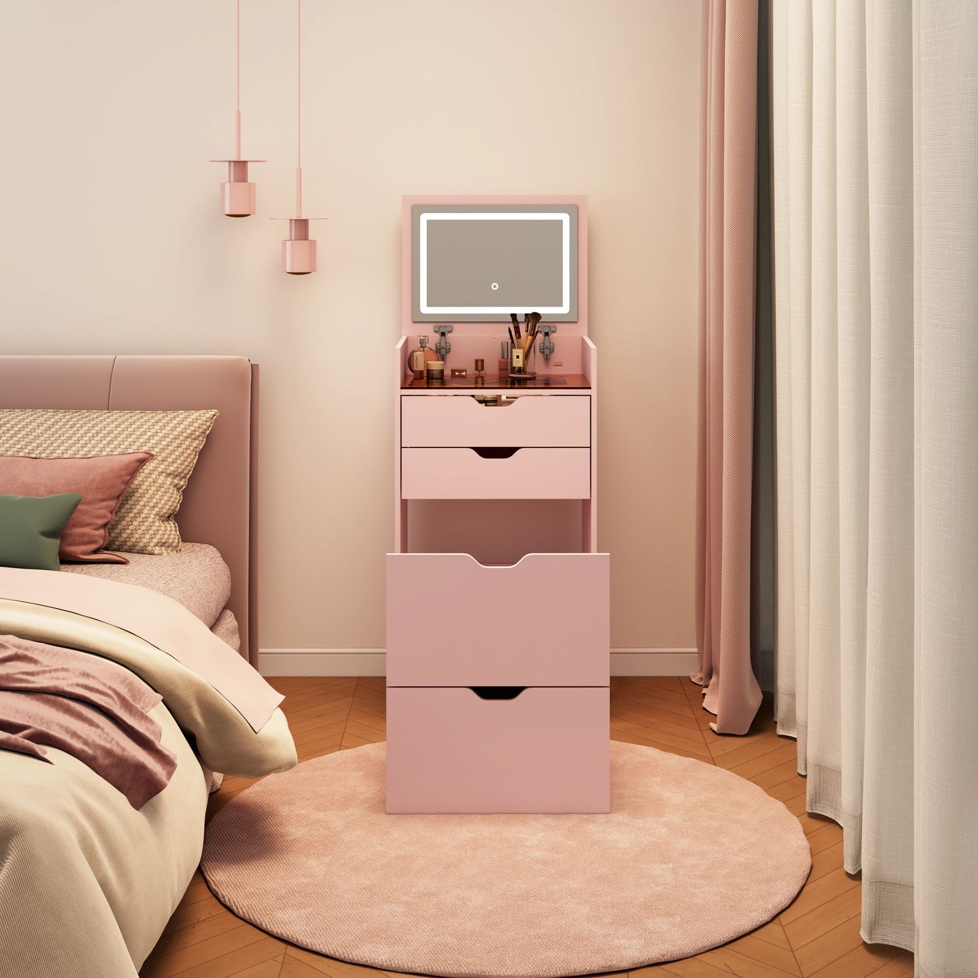 Dressing Table and Stool, 3-in-1 Multifunctional Dressing Table Set, Featuring Three-color Lighting Modes, HD Mirror, Two Sliding Drawers, and a Hidden Storage Stool - luxuryhomedecoridea.com