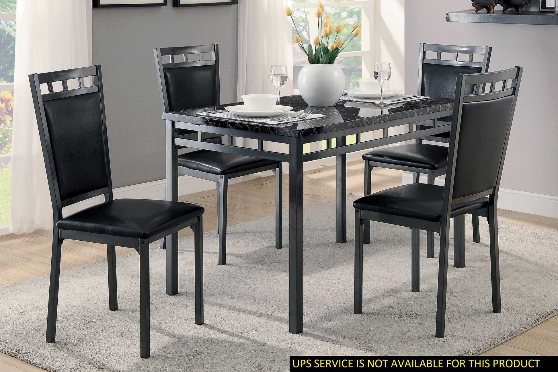 Black Finish 5pc Dinette Set Faux Marble Top Table and 4x Side Chairs Faux Leather Upholstered Metal Frame Casual Dining Room Furniture - luxuryhomedecoridea.com