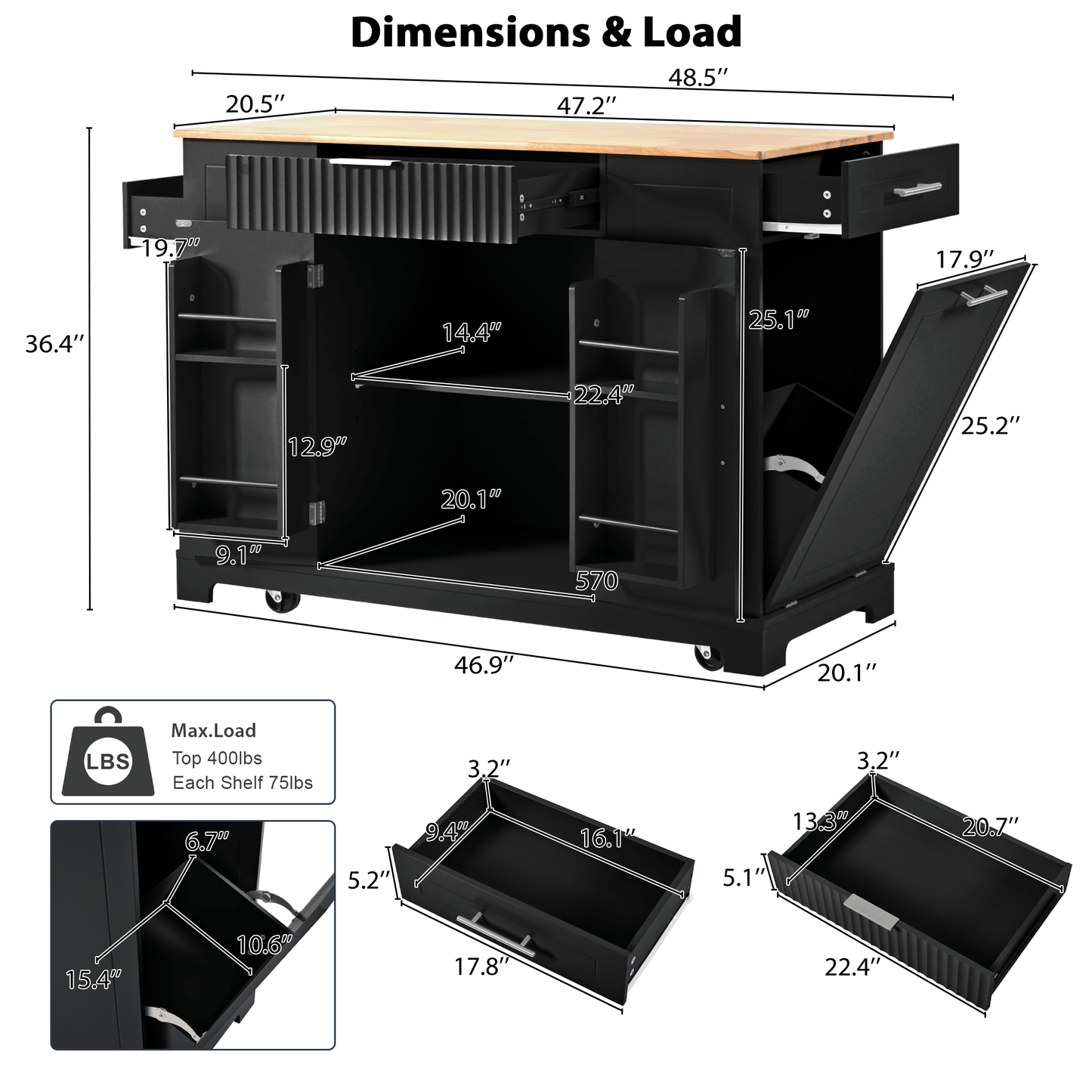 Fluted Kitchen Island with Trash Can Storage Cabinet, Power Outlet, Internal Storage Rack, Rolling Kitchen Islands on 5 Wheels with 3 Drawer, 3 Open Side Racks for 10 Gallon Garbage Bin - luxuryhomedecoridea.com