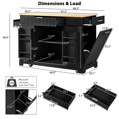 Fluted Kitchen Island with Trash Can Storage Cabinet, Power Outlet, Internal Storage Rack, Rolling Kitchen Islands on 5 Wheels with 3 Drawer, 3 Open Side Racks for 10 Gallon Garbage Bin - luxuryhomedecoridea.com