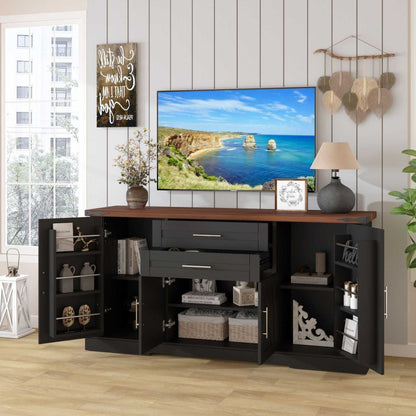 63" Farmhouse Barn Door Storage Cabinet with 2 Drawers & Door Rack, Large Buffet Table Coffee Bar Cabinets with Adjustable Shelves for Kitchen, Living Room, Entryway, Dining Room, Black - luxuryhomedecoridea.com