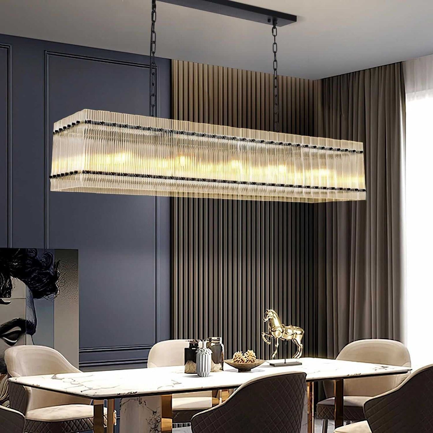 Modern Rectangular Crystal Glass Chandelier, 10-Lights Black Chandelier Lighting Contemporary Pendant Ceiling Light Fixture for Dining Room Living Room Kitchen Island - luxuryhomedecoridea.com