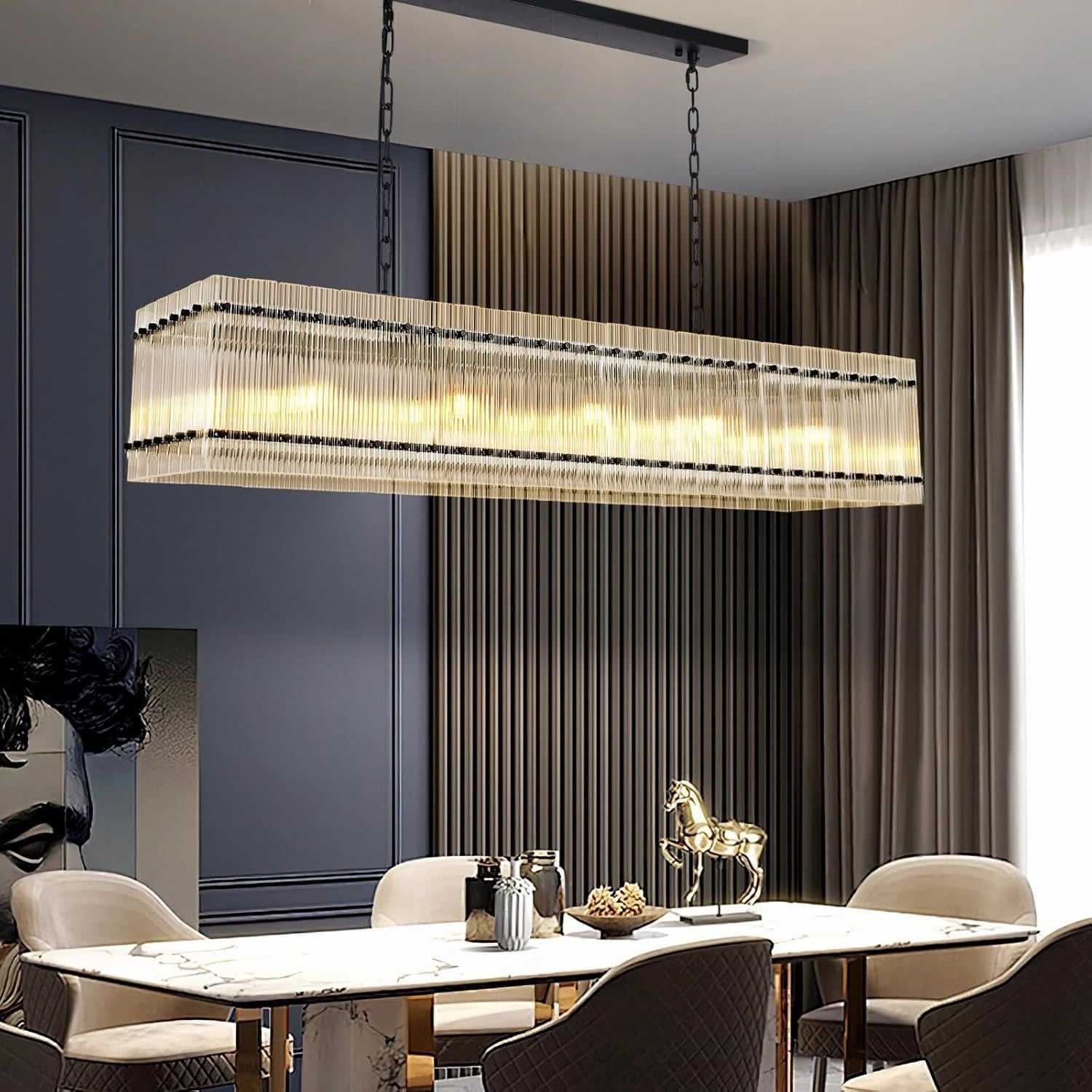 Modern Rectangular Crystal Glass Chandelier, 10-Lights Black Chandelier Lighting Contemporary Pendant Ceiling Light Fixture for Dining Room Living Room Kitchen Island - luxuryhomedecoridea.com